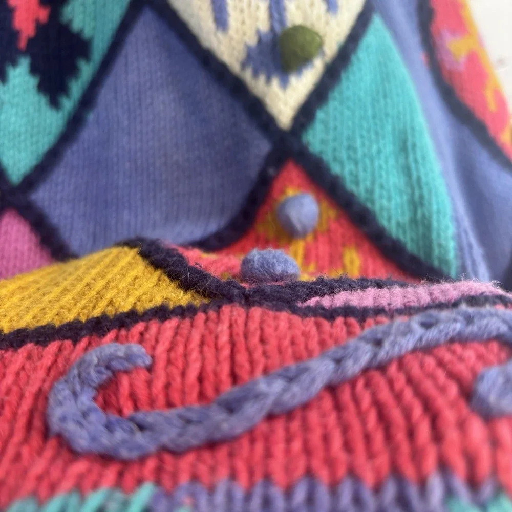 Vintage 80s Cardigan Bright 3D Colorful L Cotton/Ramie Floral Argyle Dopamine
